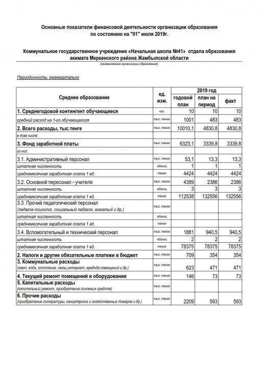 Основные показатели финансовой деятельности организации  по состоянию на "1"июля 2019г.